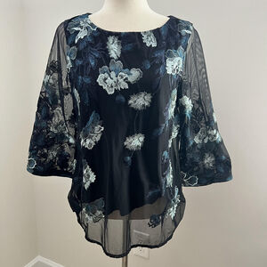 Sheer Navy Floral Embroidered Blouse Boho Romantic Mesh Top Whimsigoth Fairy